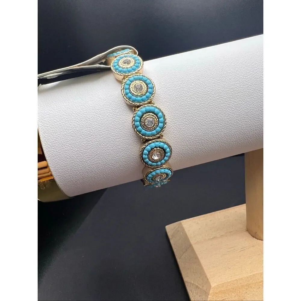 Tamina By Stella Gold Tone Light Blue Rhinestone Medallion Stretch Bracelet